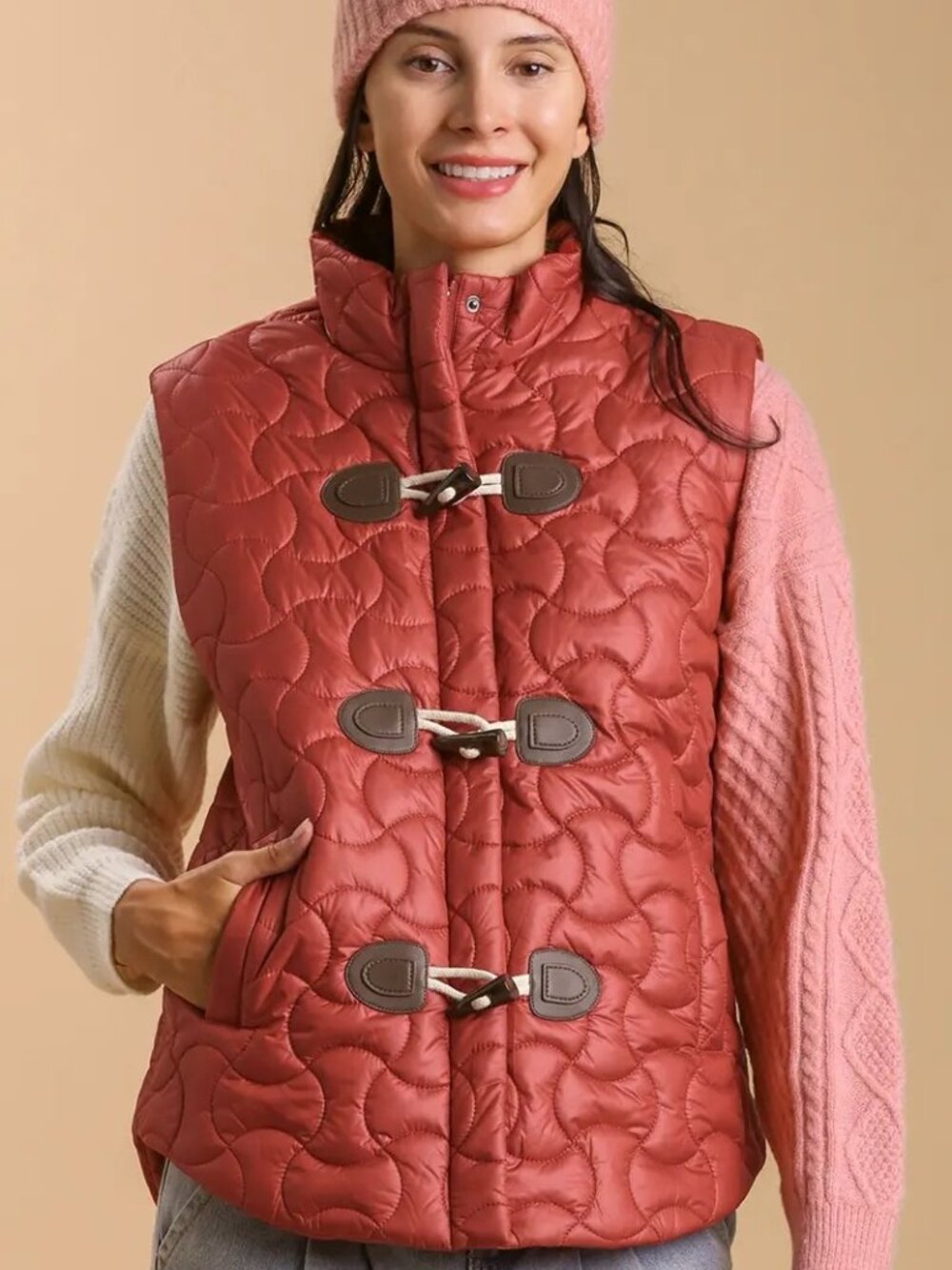 Quilted Zip up vest with toggle button closure and plaid collar